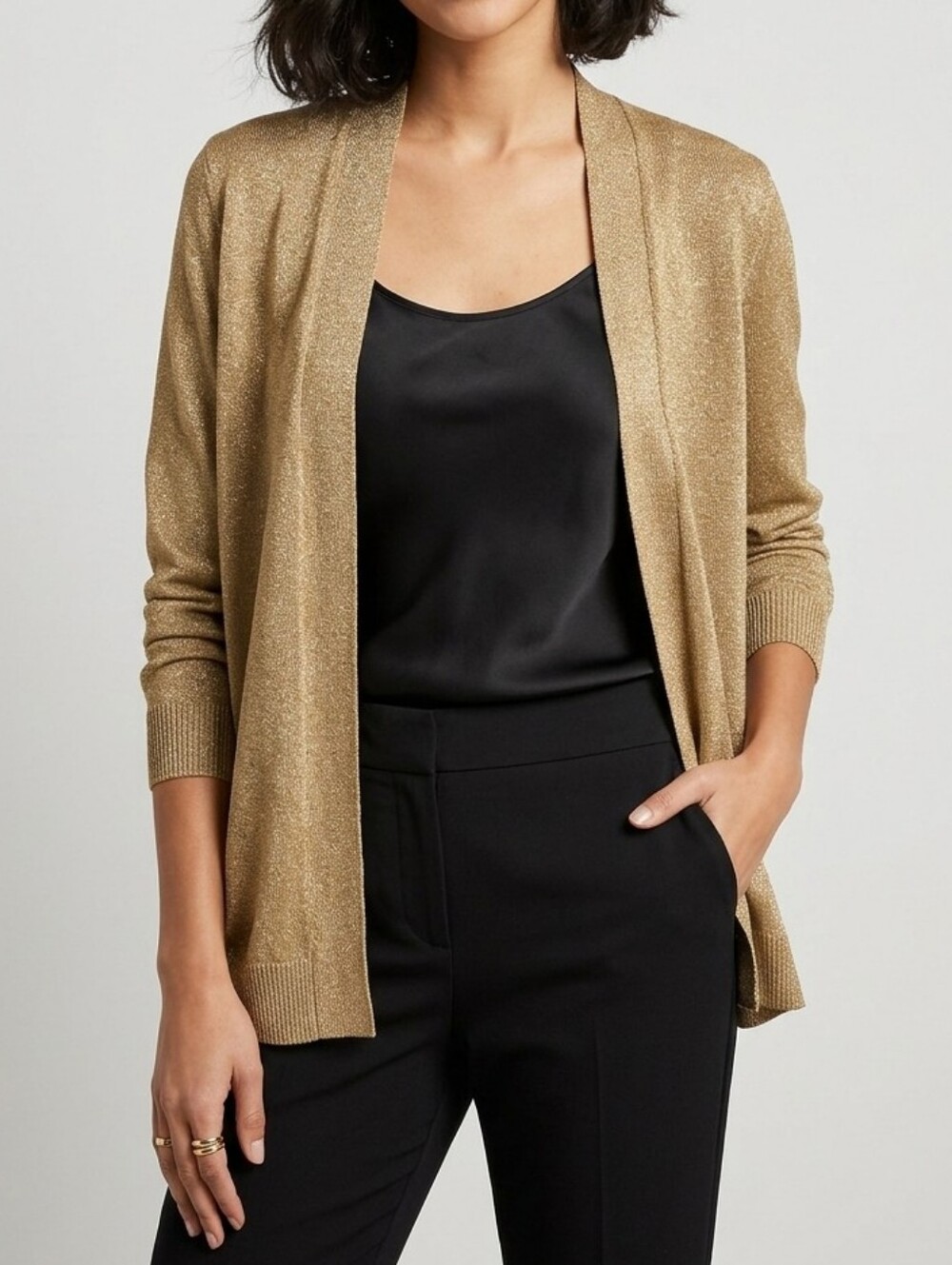 💚Ann Taylor Metallic Gold Open-Front Cardigan M
